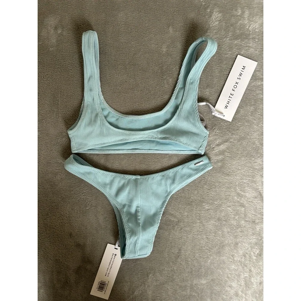 White Fox NWT Blue Swim Ribbed Palm Springs Bikini Top Del Marcos Bottom XS - Picture 2 of 7